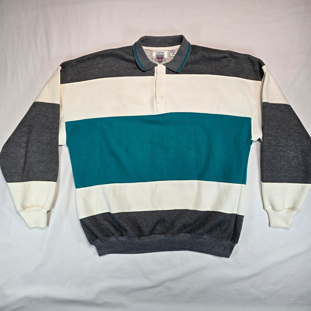 Vintage Claybrooke Sport Colorblock Polo Sweatshirt XL Grey Teal White 90s